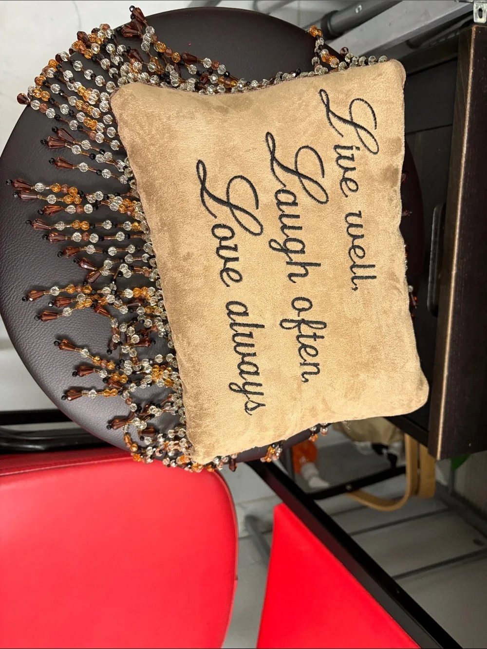 Pier 1 Beige Beaded Accent Pillow with Inspirational Script-NWOT(over 5lb)